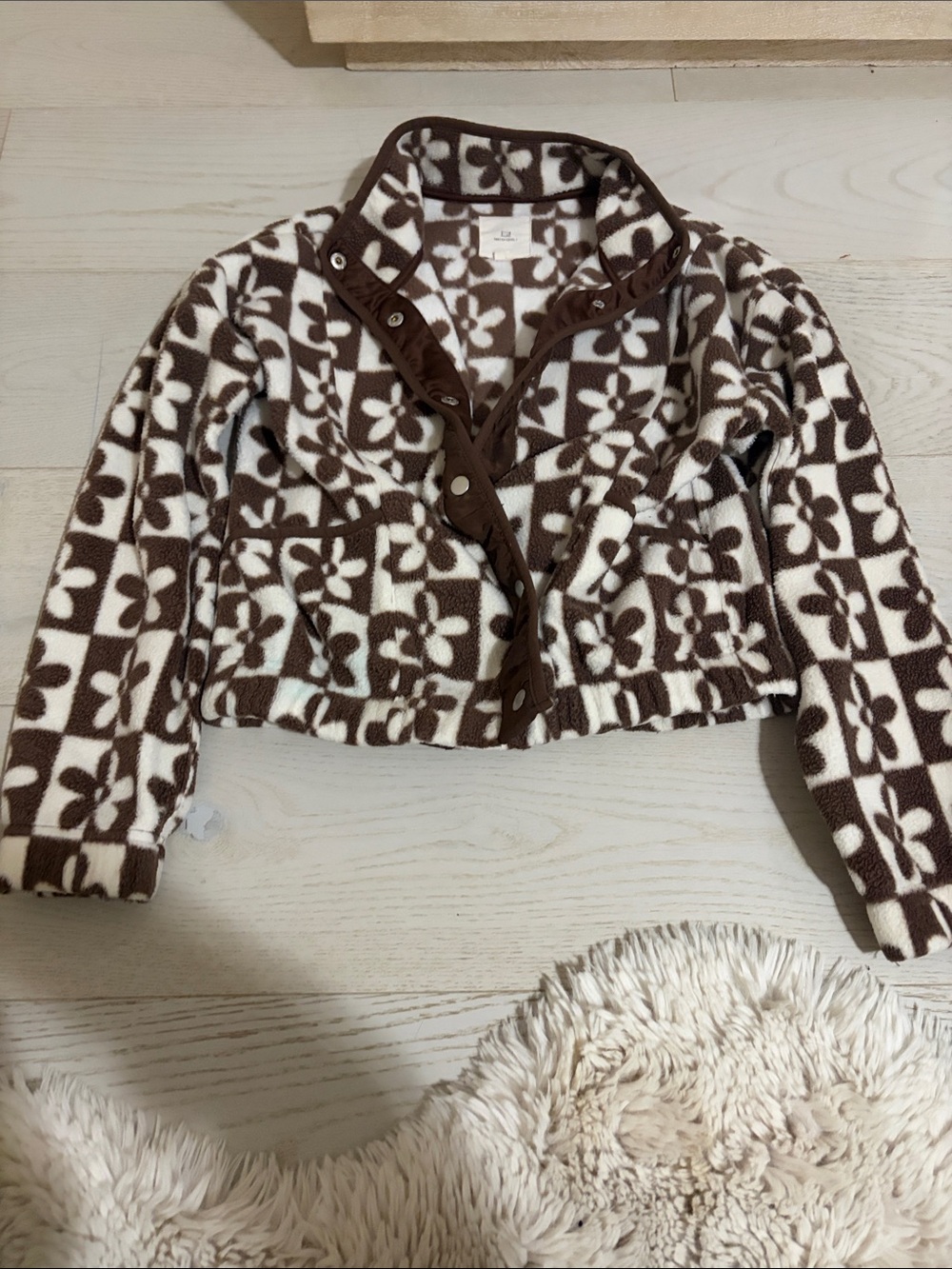 Thread & Supply Brown and White Floral Check Fleece Jacket